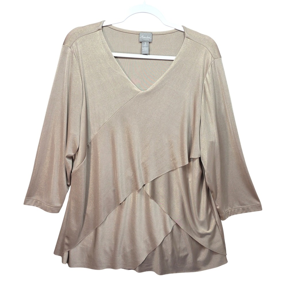Chicos Travelers Top Women 3 16 Metallic Asymmetrical Layered Vneck Gold Taupe